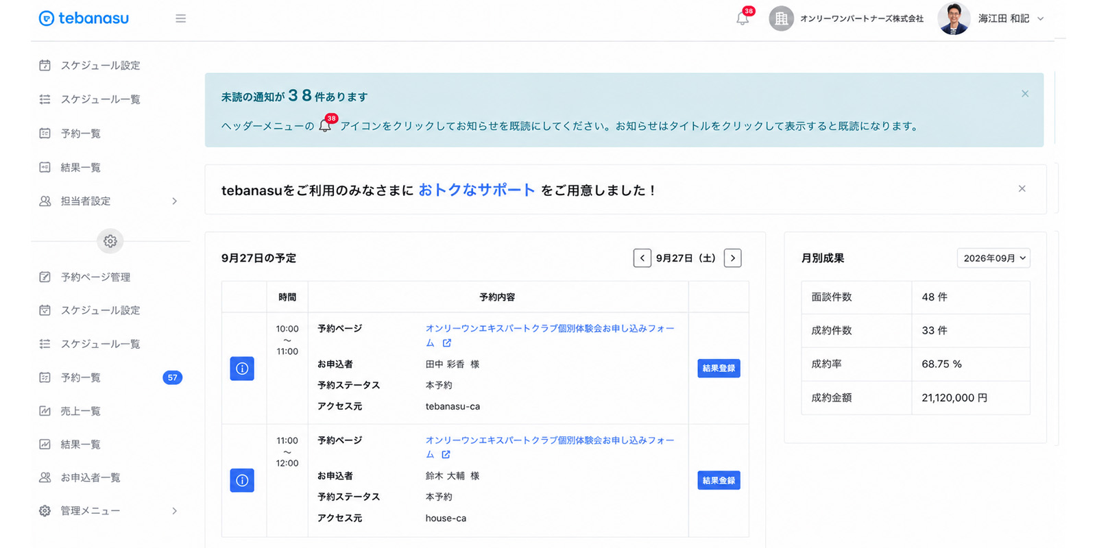 tebanasuの予約管理ダッシュボード画面